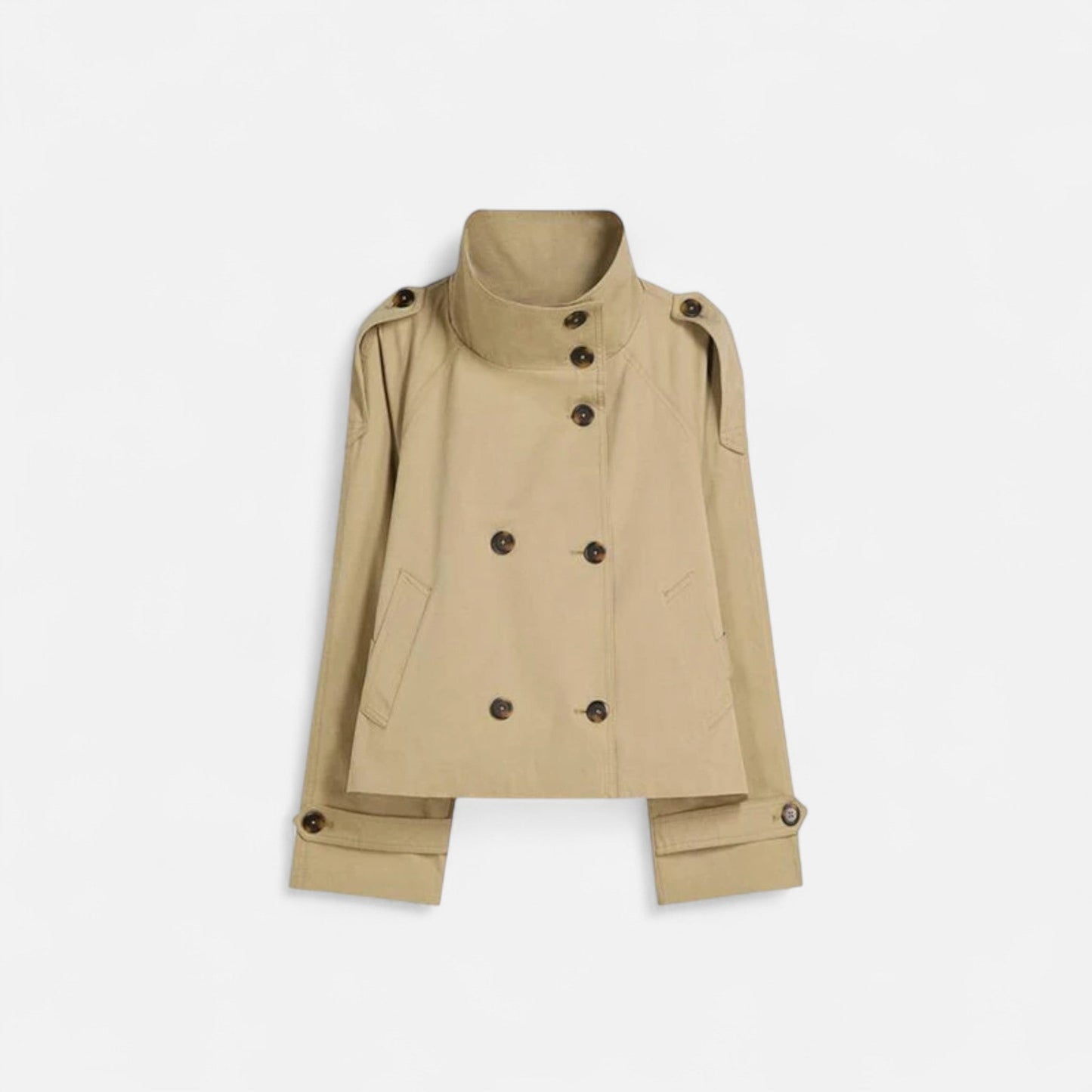 Trench Court Ceinturé Col Montant Double Boutonnage pour Femme