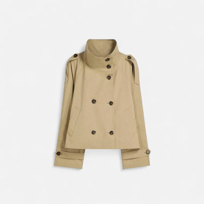 Trench Court Ceinturé Col Montant Double Boutonnage pour Femme