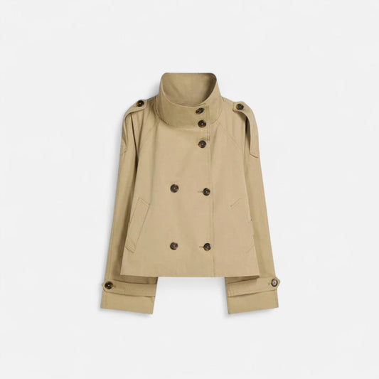 Trench Court Ceinturé Col Montant Double Boutonnage pour Femme